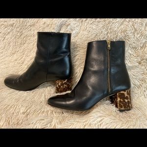 J Crew black leather ankle boot and calf hair heel